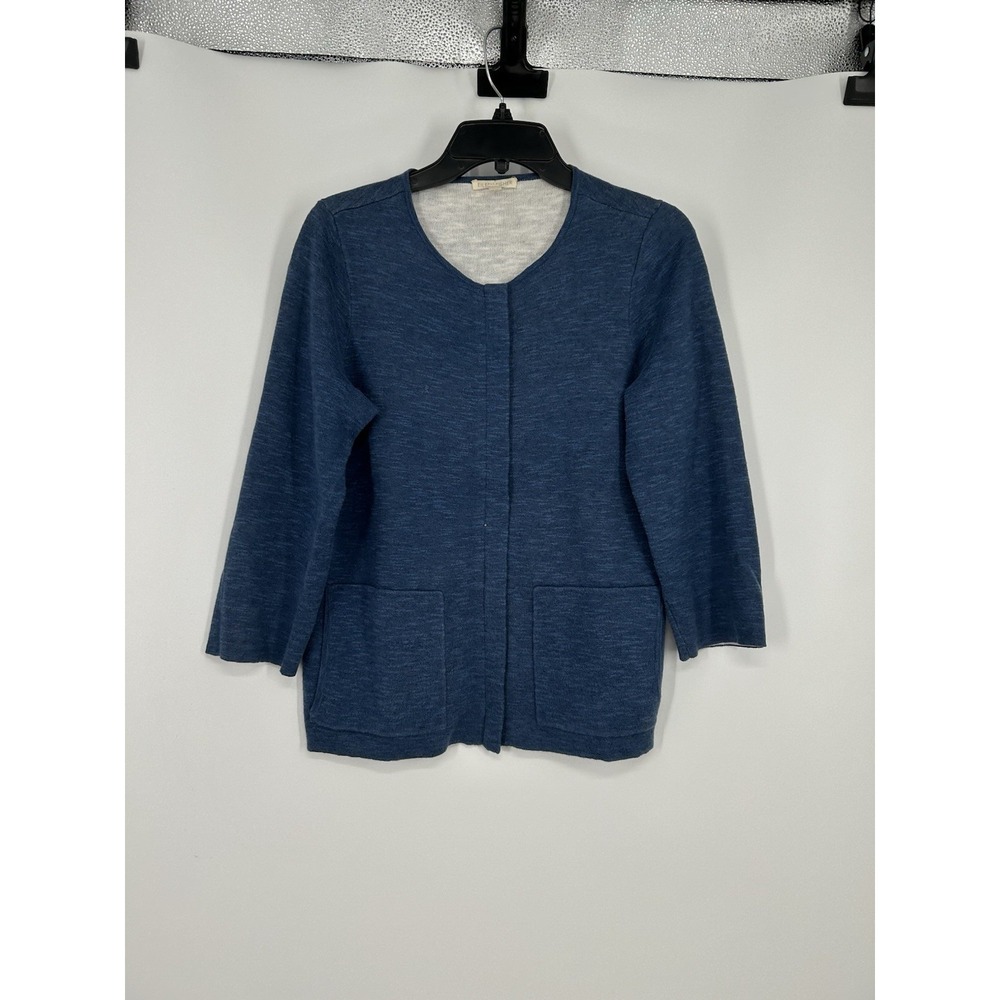 Eileen Fisher Crewneck Sweater Linen Blend Front Full Zip Up Pockets Blue Small